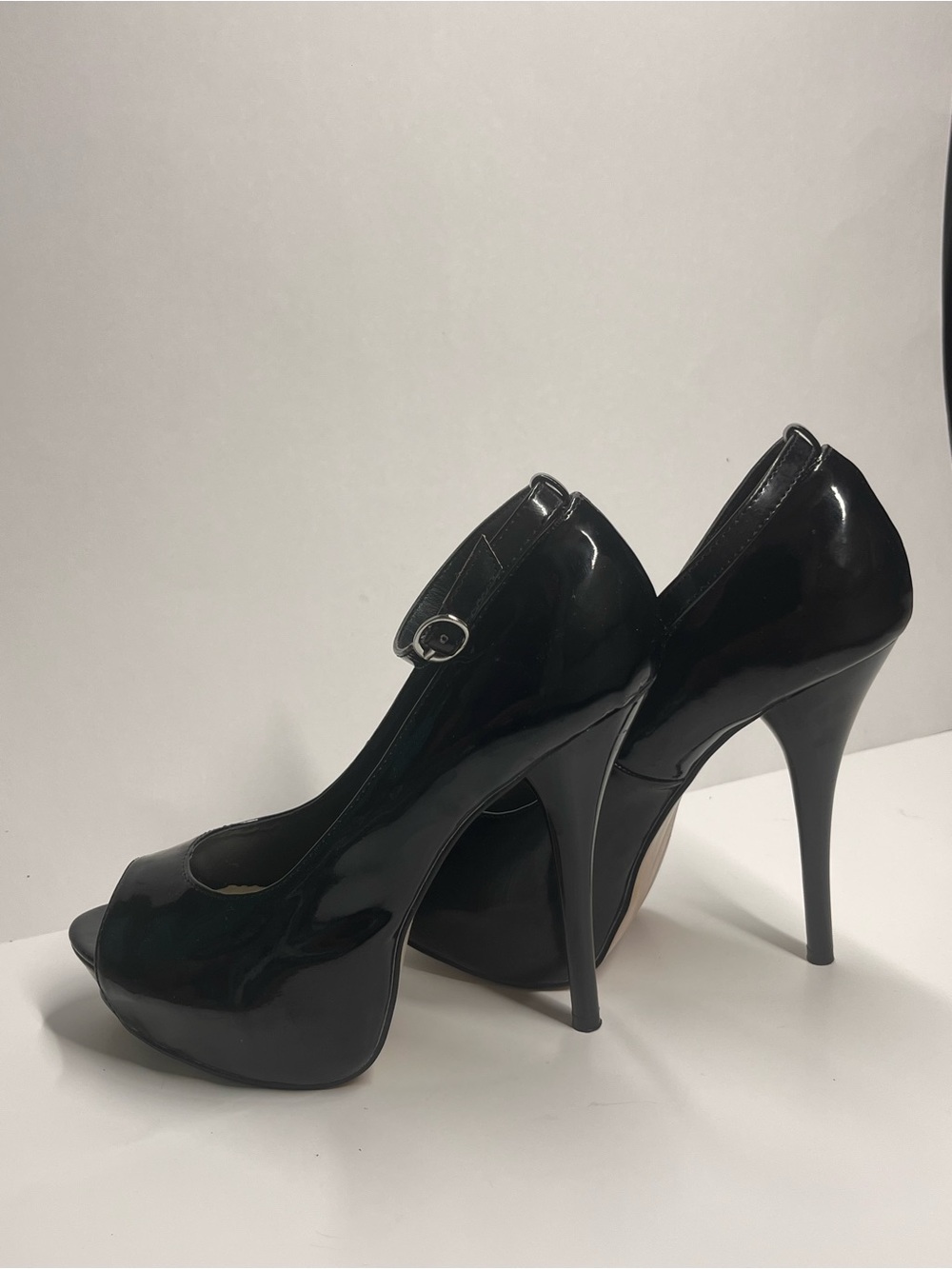 Diba Black Patent Peep-Toe Platform Pumps with Ankle Strap Buckle